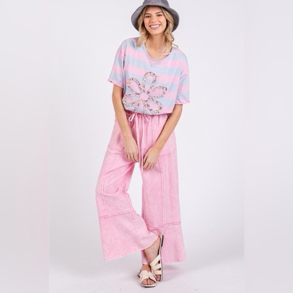 SAGE + FIG Mineral Washed Terry Wide Leg Pants size large pink